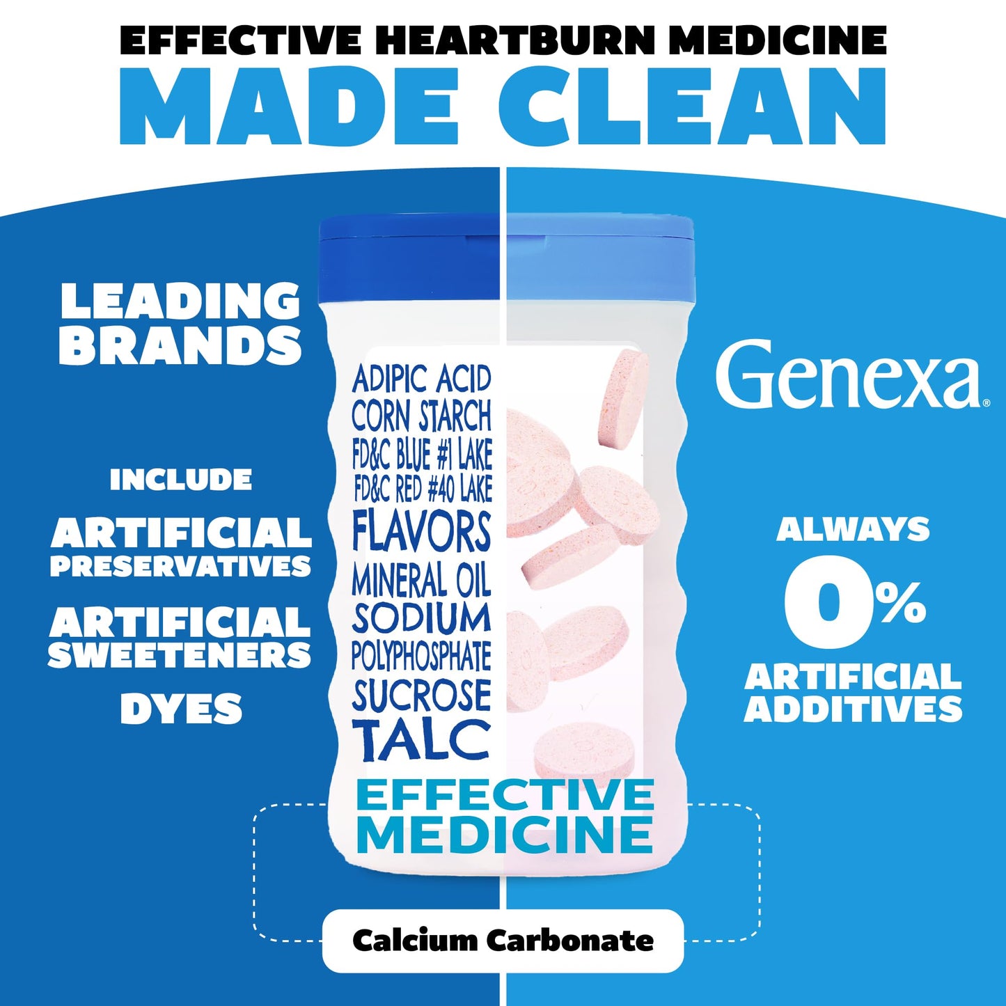 Genexa 3 Pack Clean Antacid Chewable Tablets | Maximum Strength Calcium Carbonate for Heartburn, Acid Indigestion & Upset Stomach Relief | Dye Free, 0% Artificial Additives | Berry Flavor, 216ct