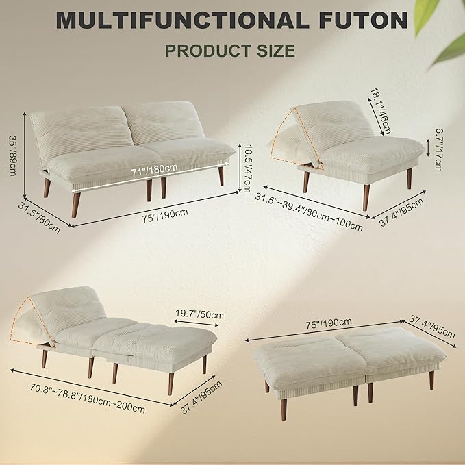 DreamDashio Futon Sofa Bed, 4 in 1 Multi-Functional Futon Couch with Adjustable Backrest, 75 inch Convertible Sleeper Sofa Bed and Recliner Lounge, Corduroy Loveseat for Living Room, Apartment, Beige