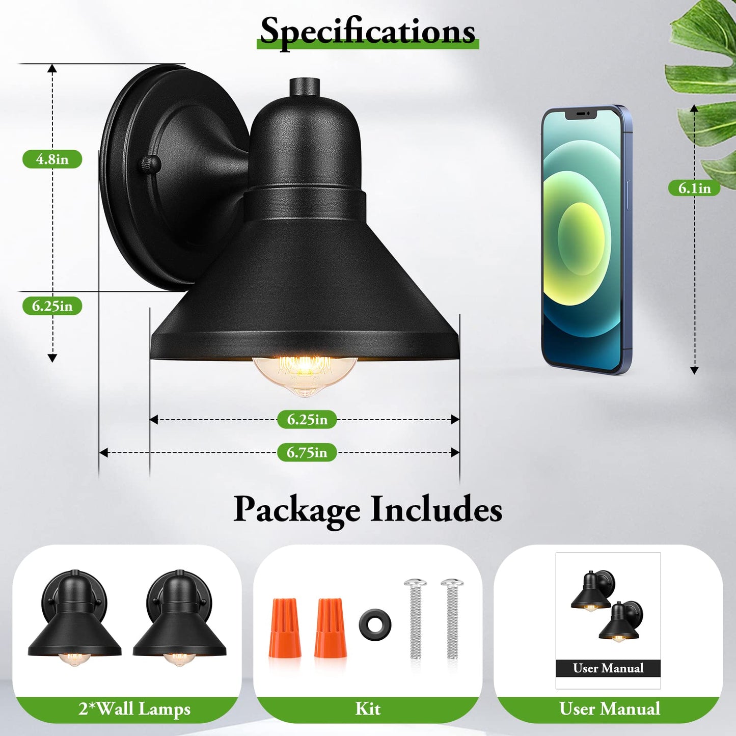 Brightever Outdoor Lanterns, 2-Pack Exterior Light Fixtures, Waterproof Anti-Rust Black Wall Mount Lights, Small E26 Socket Outside Lights for House, Front Porch, Playhouse, Garage