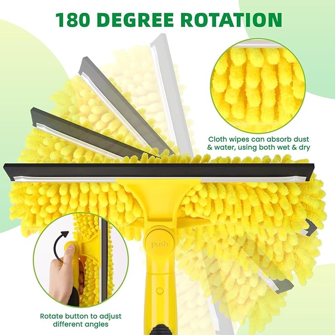 150'' Long Reach Window Squeegee with Telescoping Extension Pole, 2-in-1 Indoor/Outdoor Cleaning Tool with 270° Rotatable Head, Lightweight Alloy Aluminum Pole for Shower Door, Mirror, Car Windshield