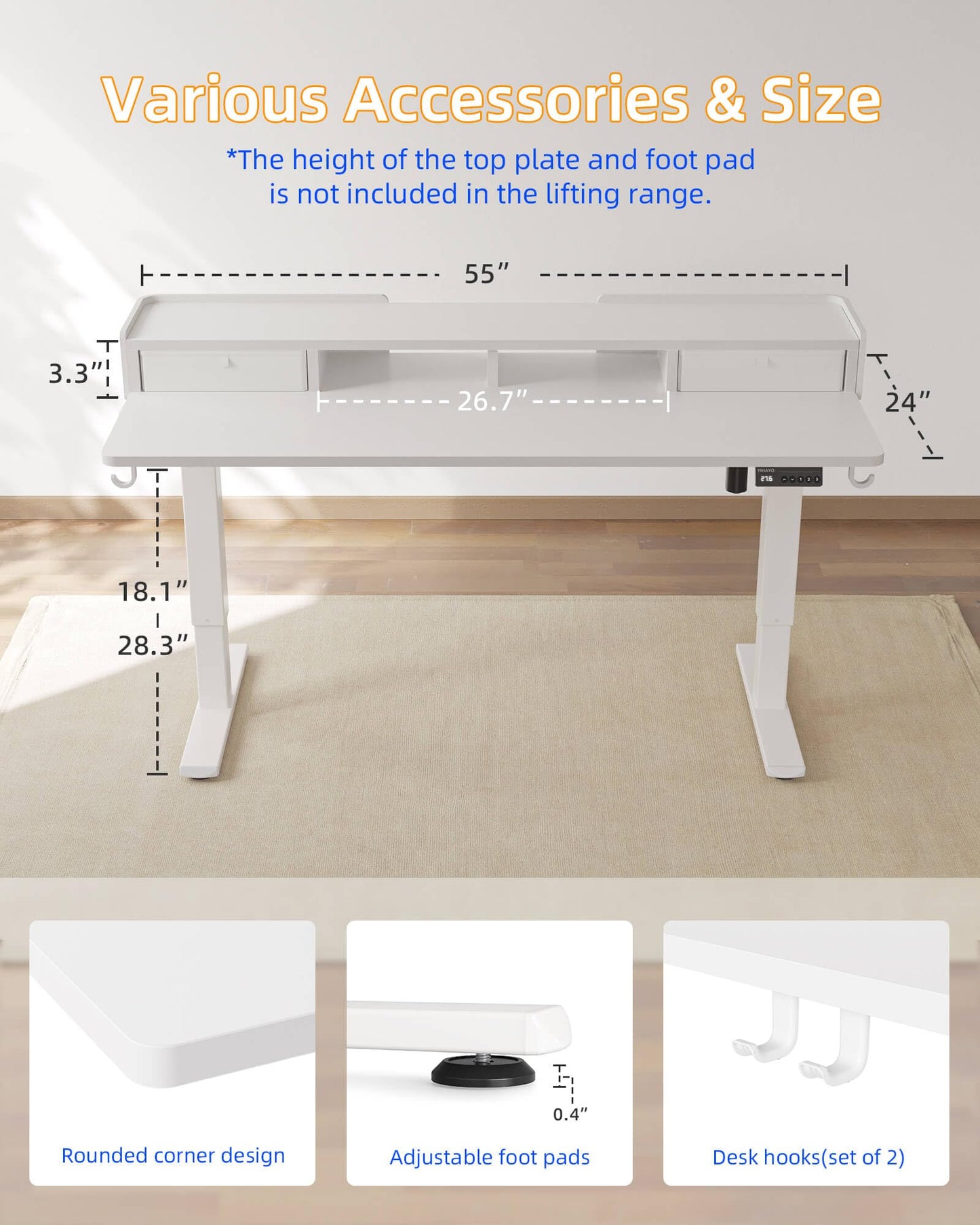 YIHAYO Low Height Adjustable Desk with Drawers, Lifts 18.1-28.3 Inches, Electric Standing Desk with Storage Shelf for Short People, 55 x 24 Inches Table with Splice Board for Home Office, White