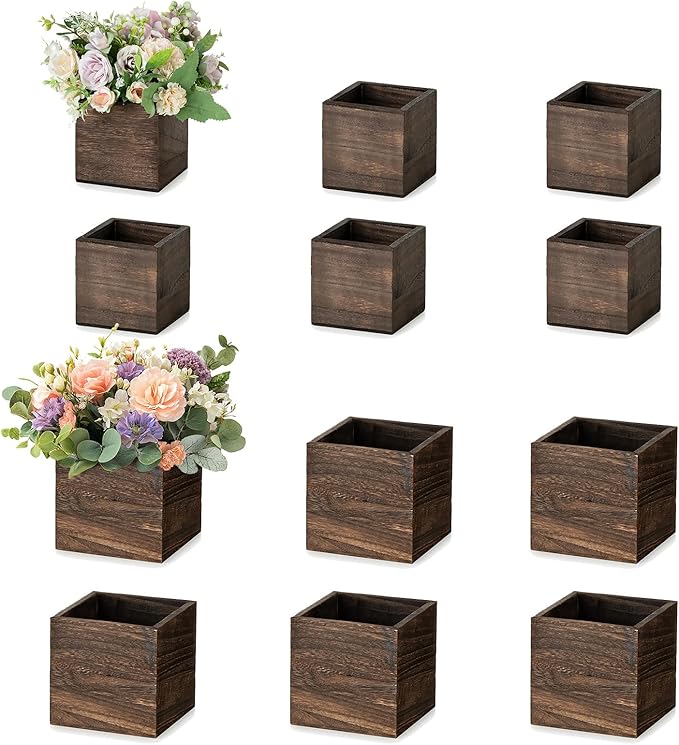 NUPTIO Wooden Box for Centerpiece Wedding: 12 Pcs Rustic Square Planter Box for Christmas Table Fall Decorations - 4×4" & ...