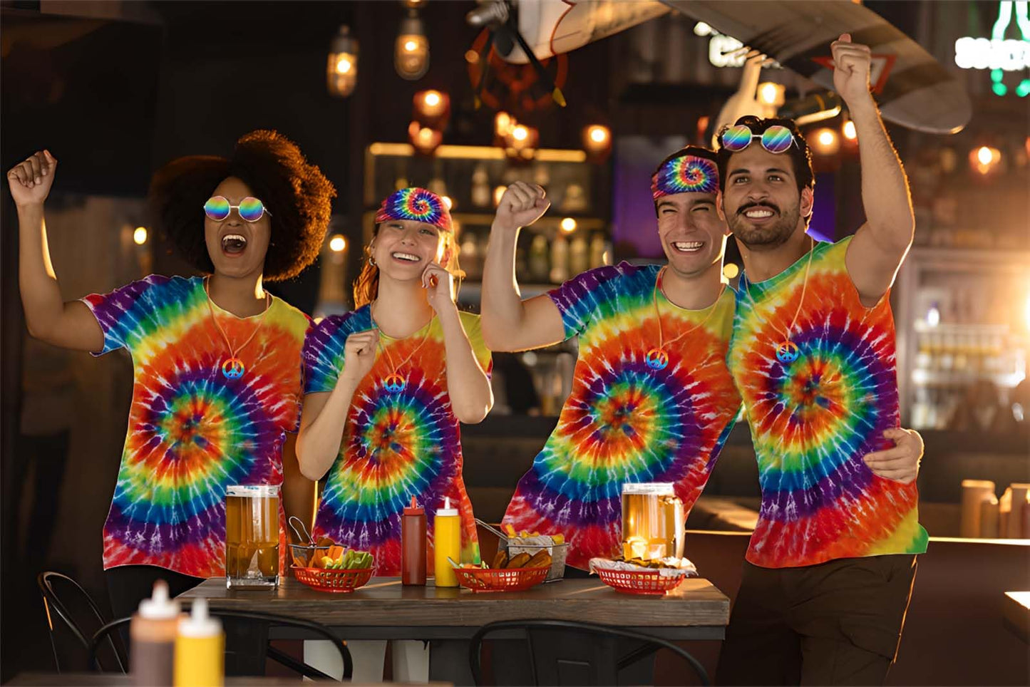 Bombline 4 Pieces Hippie Costume Set,Tie Dye Shirt Women Men,Tie Dye Headband,Rainbow Sunglasses,Peace Sign Necklace,Hippy Clothes for Women, 3X-Large