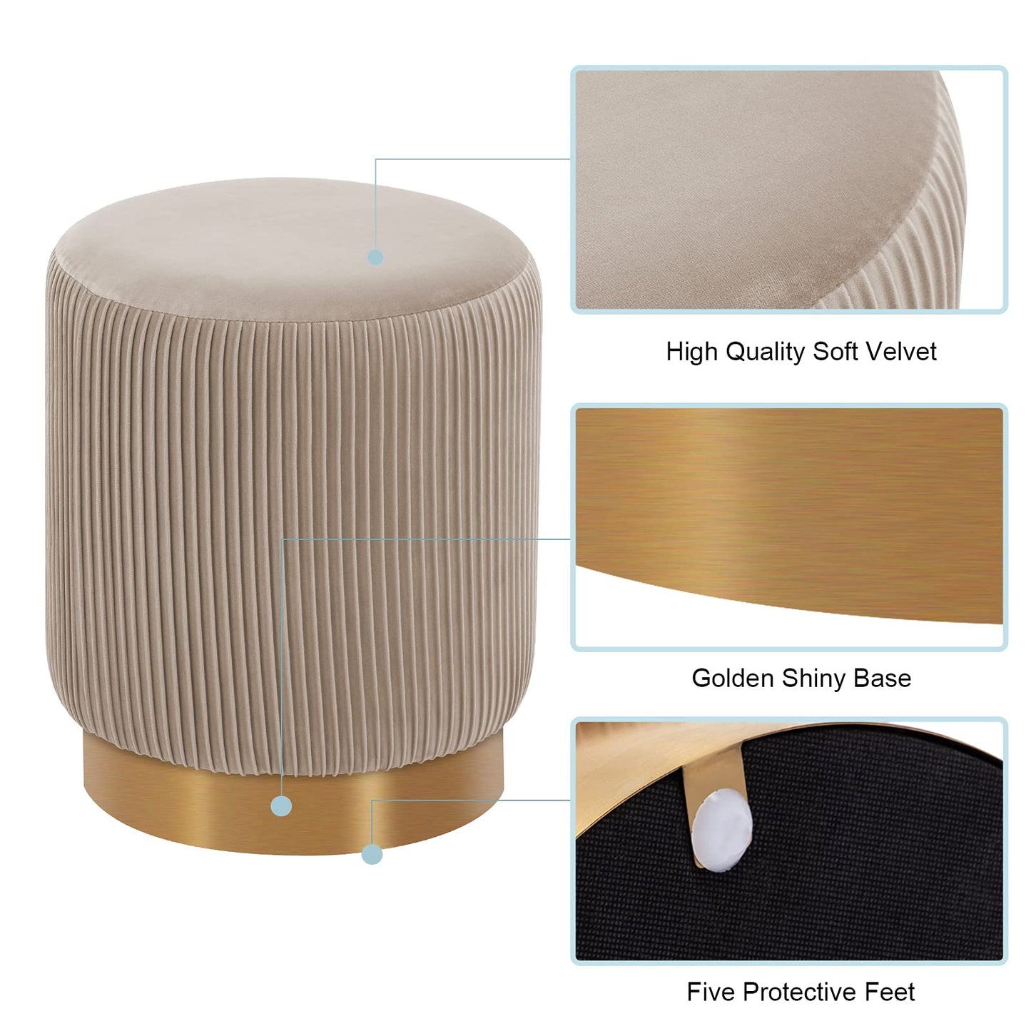 DUHOME Modern Round Velvet Ottoman Footrest Vanity Stool Khaki