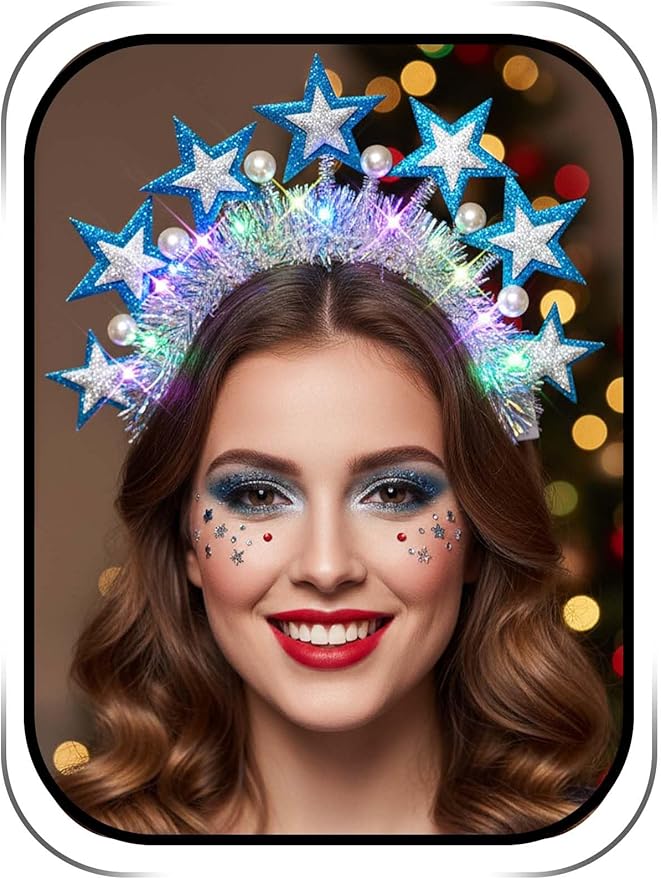 Lorealri Light Up Star Crown Headband, Blue and Silver Glitter Stars, LED Rave Party Costume Headwear Accessory for Women