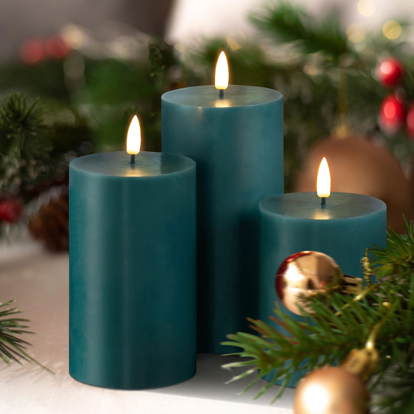 Girimax Blue Flameless Pillar Candles with Remote, Flickering Christmas LED Wax Candles Battery Operated Set of 3