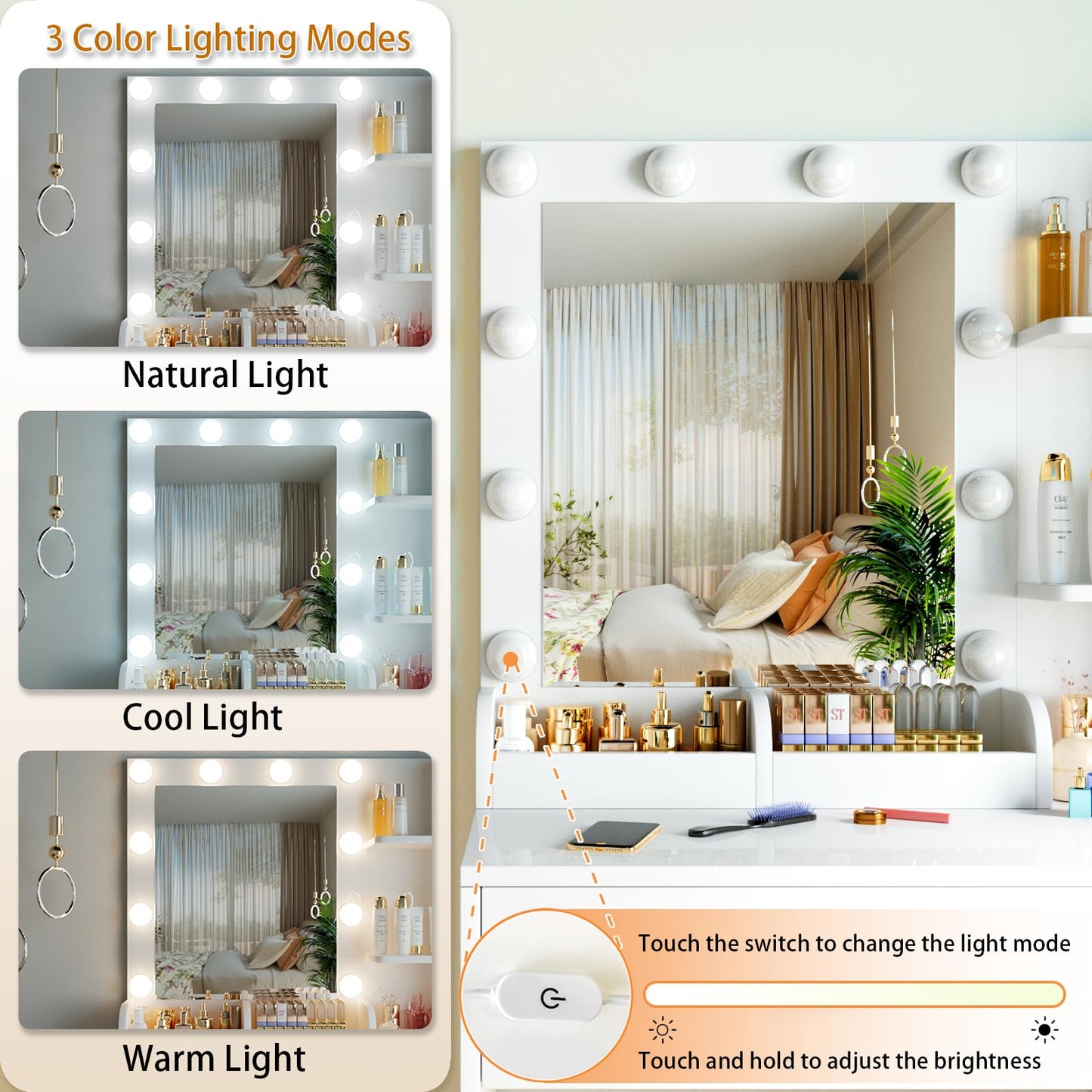 OPENAIRCOMFORT Vanity Mirror with Lights Desk and Chair: Make up Vanity with Mirror and Lights, Vanity Dresser with Drawers and Stool, for Bedroom Dressing Room (White)