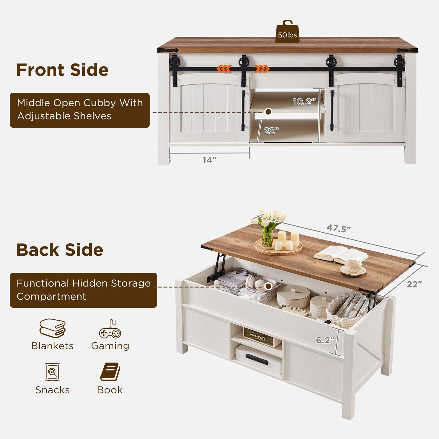 OKD Farmhouse Lift Top Coffee Table with Sliding Door, 48" Large Rustic Center Table with Hidden Storage Compartment, Lifting Tabletop, Adjustable Shelf for Living Room, Office,Antique White
