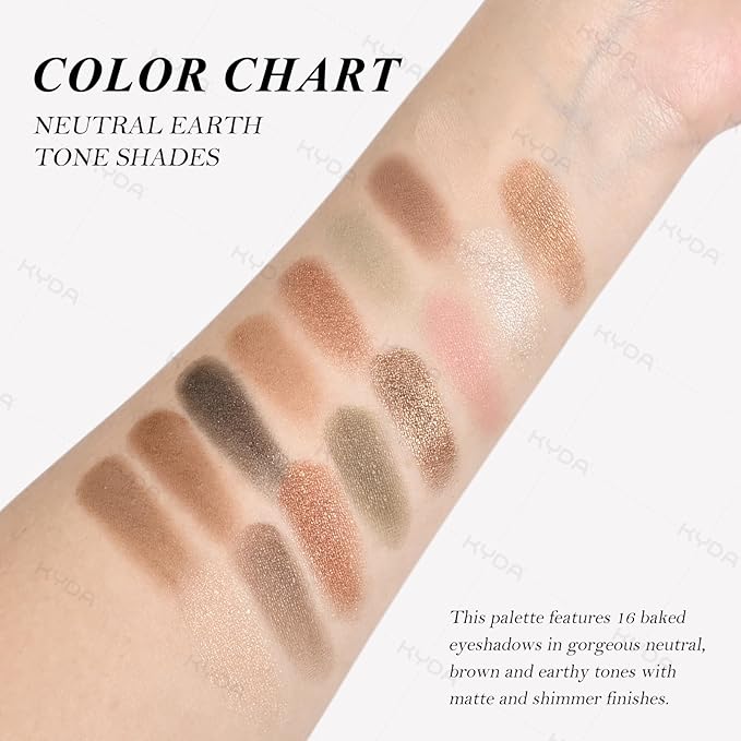 KYDA 16 Colors Baked Eyeshadow Earth Palette, Neutral Earthy Tones Baked Powder Palette with Matte Shimmer Finish, Rich Buildable Pigments, Soft Blendable Creamy Texture, Crease-proof