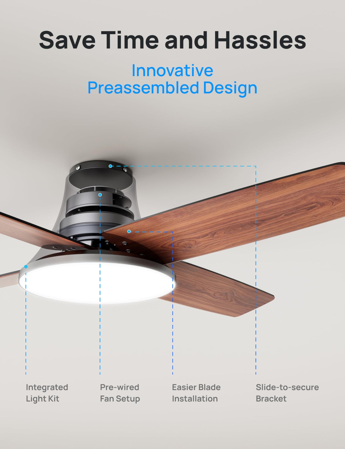 DREO Ceiling Fan, 44 Inch Low Profile Ceiling Fan with Light and Remote, 5CCT LED, 6-Level Dimmable, 6-Speed, Reversible Motor, Quiet, Timer, Easy-Install, Black Flush Mount for Bedroom
