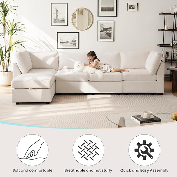 TEKAMON 96" Modular Sectional Sofa,Large Comfy Cloud Deep Seat,Reversible Chaise Modular Sectional Couches for Living Room and Apartmenr,Beige 3steaer