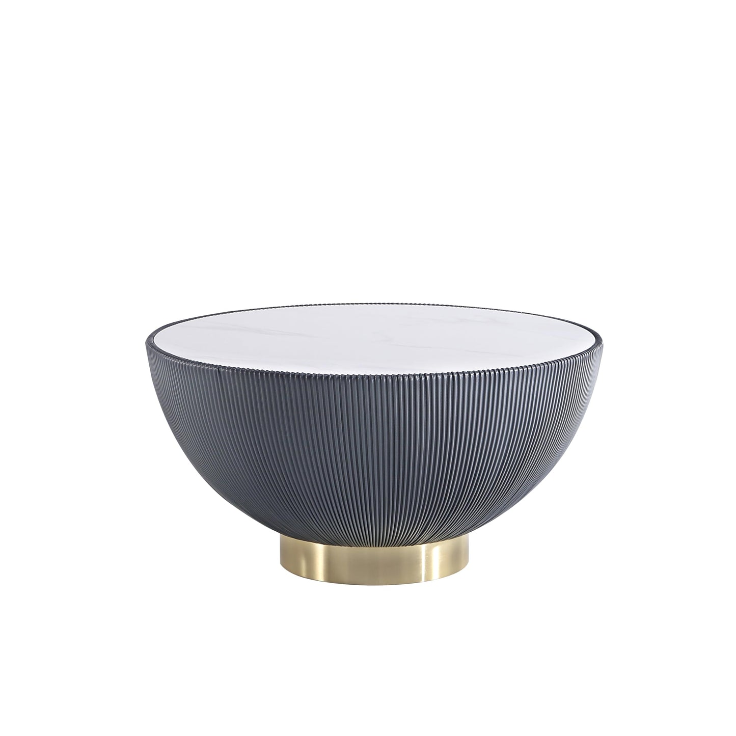 Manhattan Comfort Anderson Modern Low-Profile Round Coffee Table – Ceramic Marble Tabletop, Pleated Leatherette Detail, Gold Base, Fully Assembled Accent Table, Set of 1, Grey