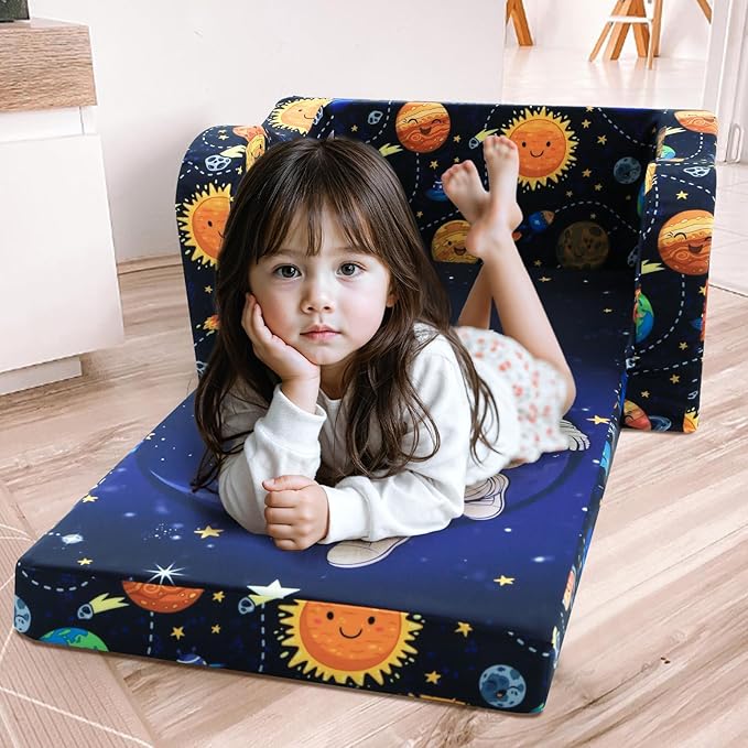 MeMoreCool Folding Kids Couch – 2-in-1 Toddler Sofa Bed & Lounge Chair | Astronaut Print | Fold-Out Design | Washable Cover | Ages 1–3