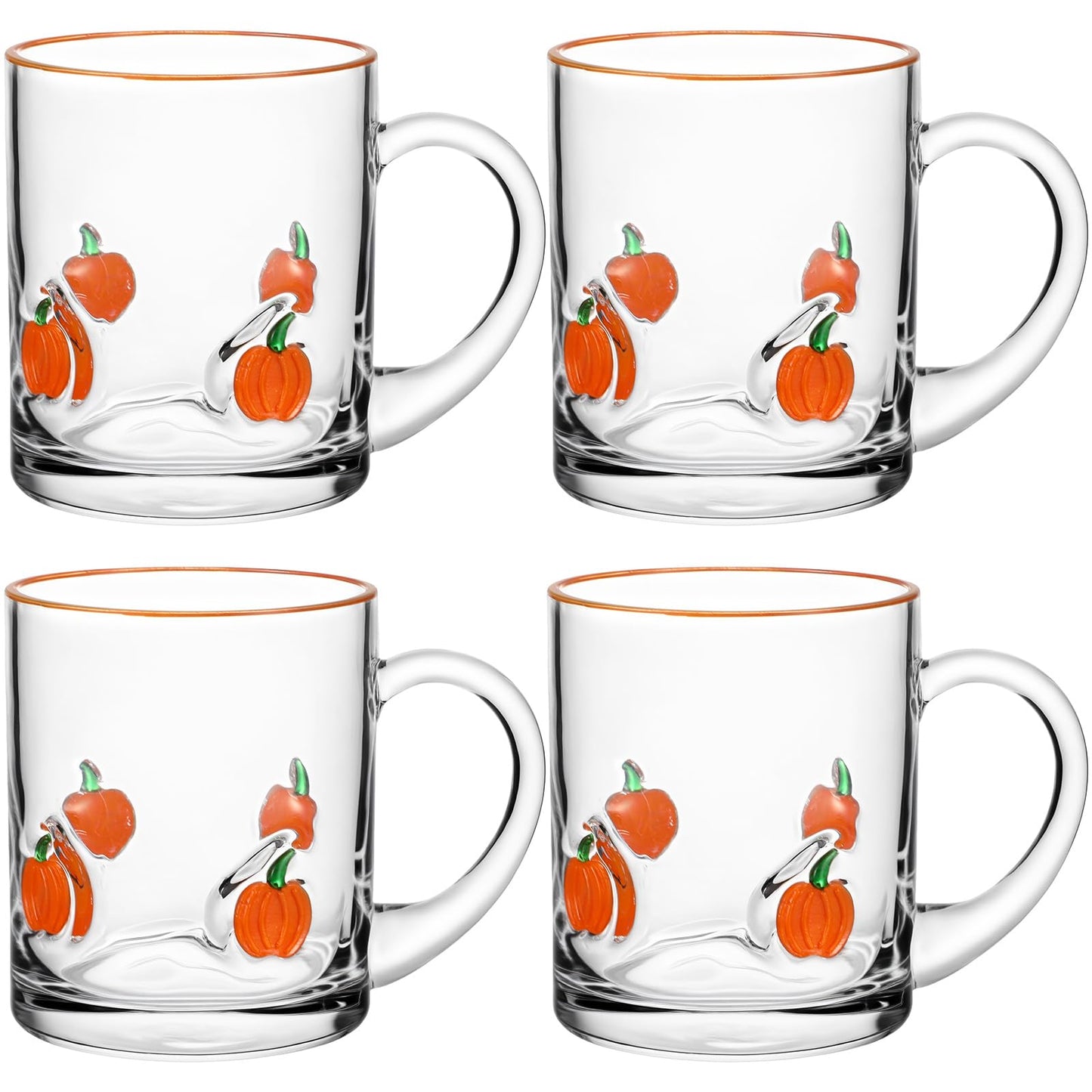 SiliFine 4 Pack Fall Glass Cups 14oz Pumpkin Mug with Handle Clear Drinking Glasses Double Old Fashioned Handblown Cocktail Glassware for Halloween Thanksgiving Autumn Gift(Pumpkin)