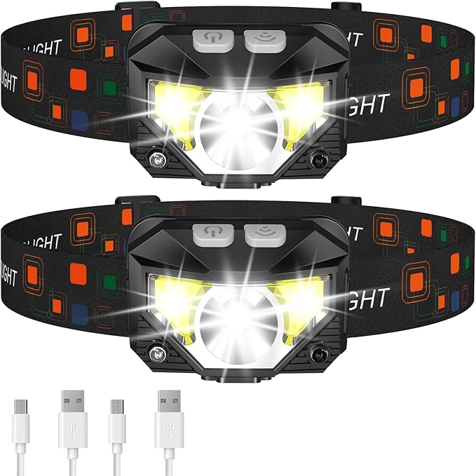 LHKNL Headlamp Flashlight, Lumen Ultra-Light Bright LED Rechargeable Headlight with White Red Light, 2-Pack Waterproof Mot...
