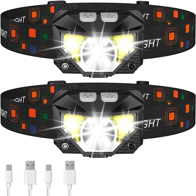 LHKNL Headlamp Flashlight, Lumen Ultra-Light Bright LED Rechargeable Headlight with White Red Light, 2-Pack Waterproof Mot...