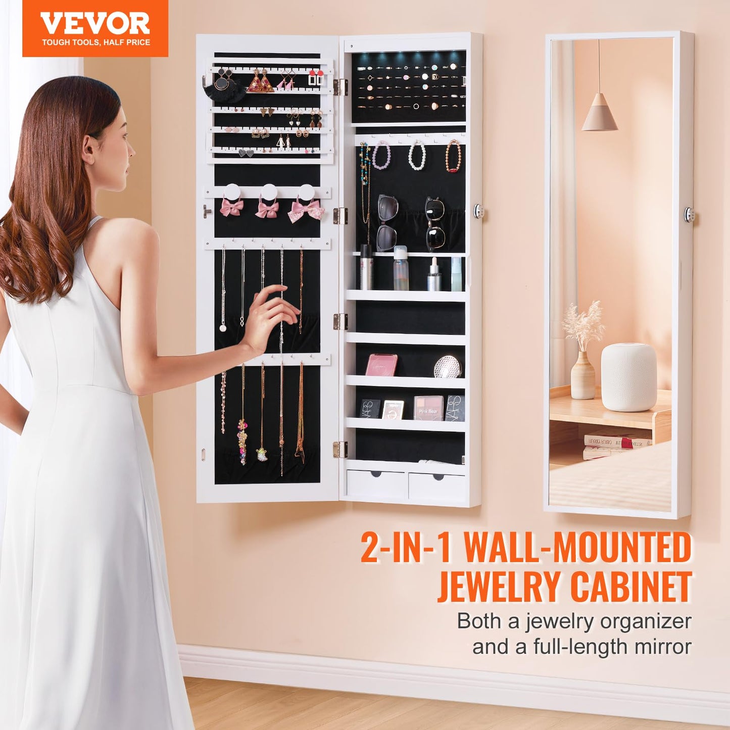 VEVOR Mirror Jewelry Cabinet, 47.2-Inch Tall Lockable Jewelry Armoire with Full-Length Mirror, Wall/Door Mounted Organizer with LED Lights and Velvet Lining, White