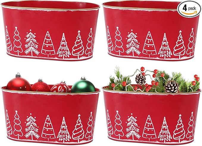 Putuo Decor 4 Packs Christmas Oval Metal Ice Buckets, Christmas Decorations Galvanized Storage Beverage Tubs Tin Bucket Pa...