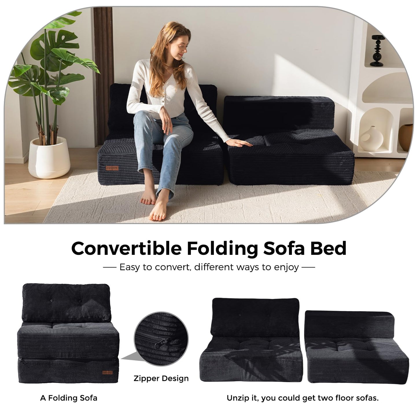 MAXYOYO Folding Sofa Bed, Convertible Sofa Bed with High-Density Support Foam, Portable 4 in 1 Fold Out Chair to Floor Lounger, Versatile Floor Couch for Living Room Bedroom, Black