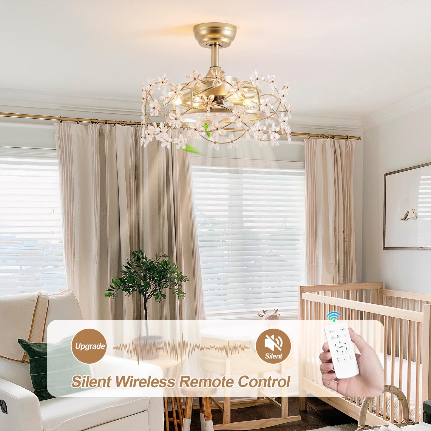 CELAVIEIOP 20" Gold Fandelier Ceiling Fan with Light, Flower Crystal Chandelier Ceiling Fan with Light and Remote Control, Modern Caged Enclosed 6 Speeds for Girl's Bedroom, Nursery, Living Room