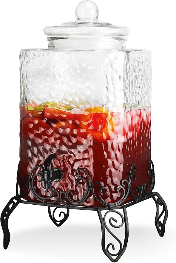 Style Setter Homestead Beverage Dispenser Cold Drink Dispenser w/ 2.5-Gallon Capacity Glass Jug, Metal Rack & Leak Proof A...