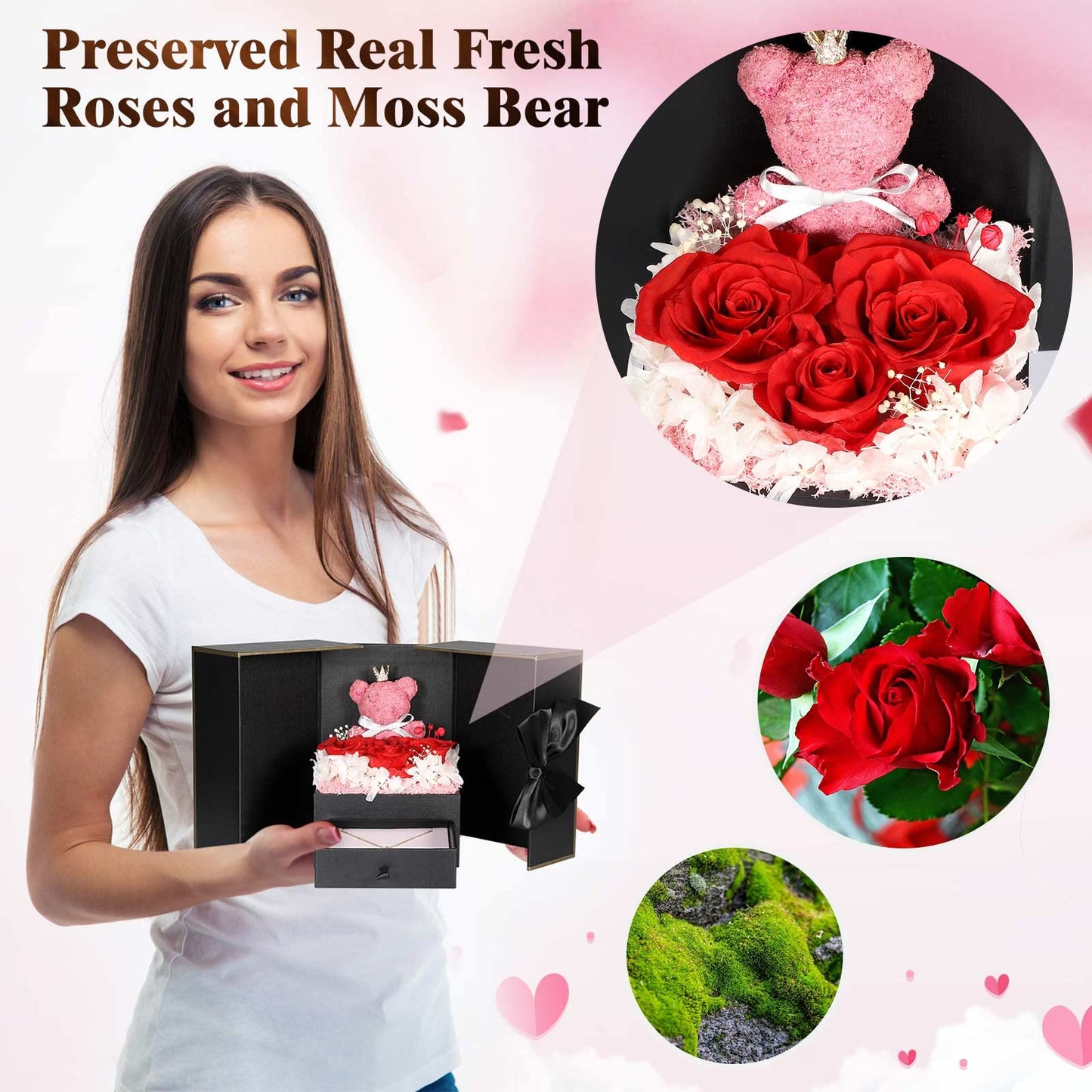Cute Preserved Real Roses Bear Gift Box for Girlfriend with Initial Necklace A, Unique Birthday Gift for Mom, Her, Grandma, Anniversary Presents for Wife