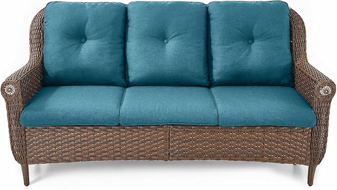 ACTREST Patio Couch Outdoor Wicker Sofa - Heavy Duty All-Weather Brown Rattan 3-Seater with High Back and Comfortable Thick Cushions for Garden Back Porch Poolside Apartment - Peacock Blue