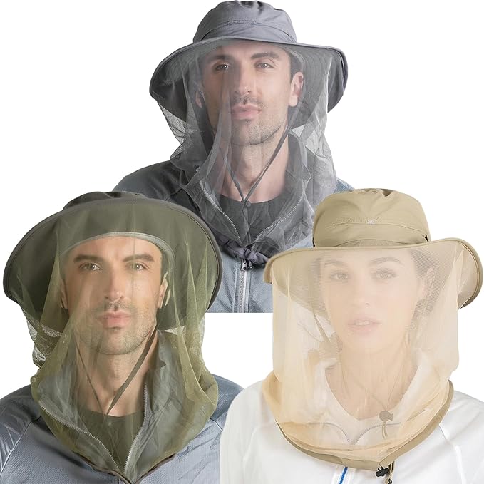 Peicees 3Pcs Head Net Hats for Men Women Adventure Fishing Hat Safari Hat for Hunting Camping Hiking, Dark Gray and Army G...