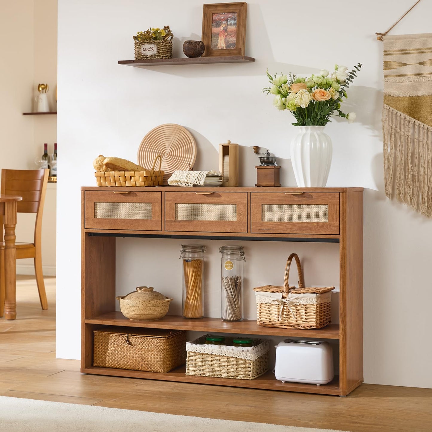 LEYAOYAO 48" Boho Rattan Console Table with 3 Drawers, 3 Tier Wooden Entryway Table with Open Storage Shelf, Narrow Long Behind Couch Sofa Tables for Living Room, Hallway, Entrance, Brown