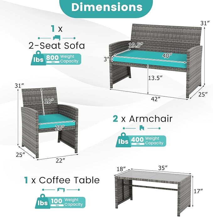 Tangkula 4 Piece Patio Wicker Furniture Set, Outdoor Heavy Duty Rattan Cushioned Chairs, Loveseat and Tempered Glass Coffee Table, for Backyard, Balcony, Poolside