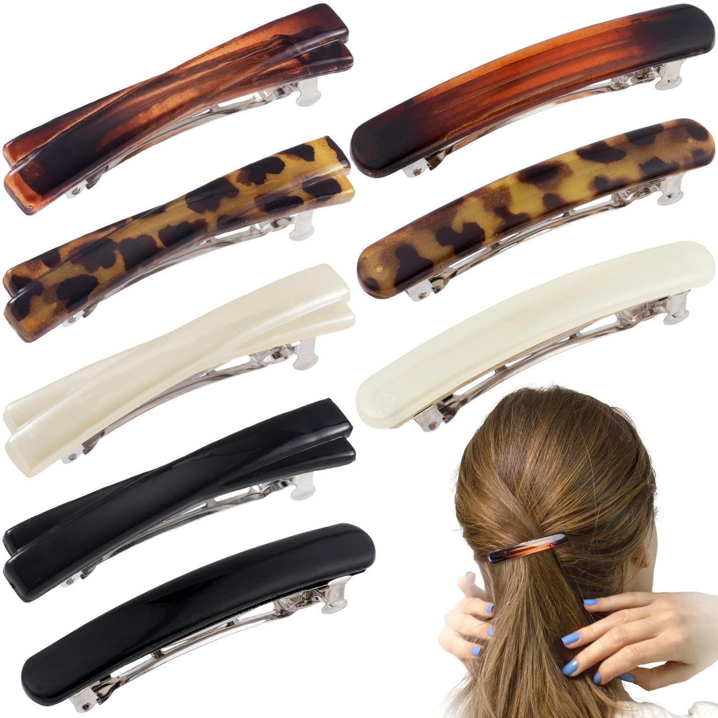 STSTR 8PCS French Barrette Hair Clips for Women, 2 Styles Small Tortoise Shell Hair Clip, Curved Glossy Thin Hair Flat Hair Acce