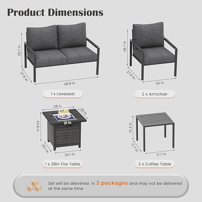 PATIOCHIC 6 Pieces Rattan Outdoor Furniture Set, All-Weather Patio Conversation Set with Dark Grey Cushions, Coffee Tables and 28" Fire Pit Table