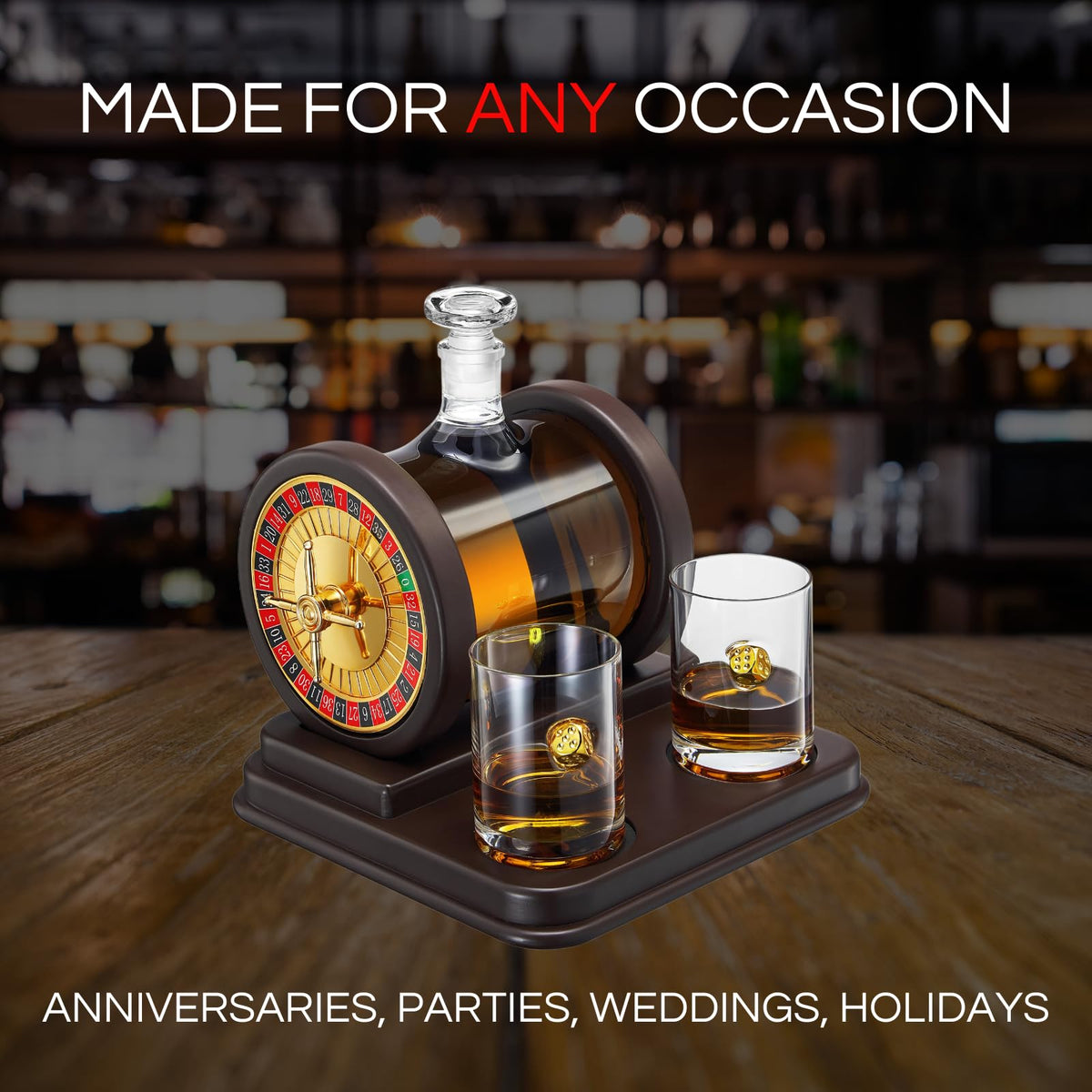 Casino Roulette Whiskey Decanter for Men, Husband, Him | 67.6 OZ Decanter With 2 x 10oz Dice Whiskey Glasses | Gold & Wood Gambling Slot Gift for Bourbon, Scotch, Liquor, Gifts For Dad, Guy, Winter