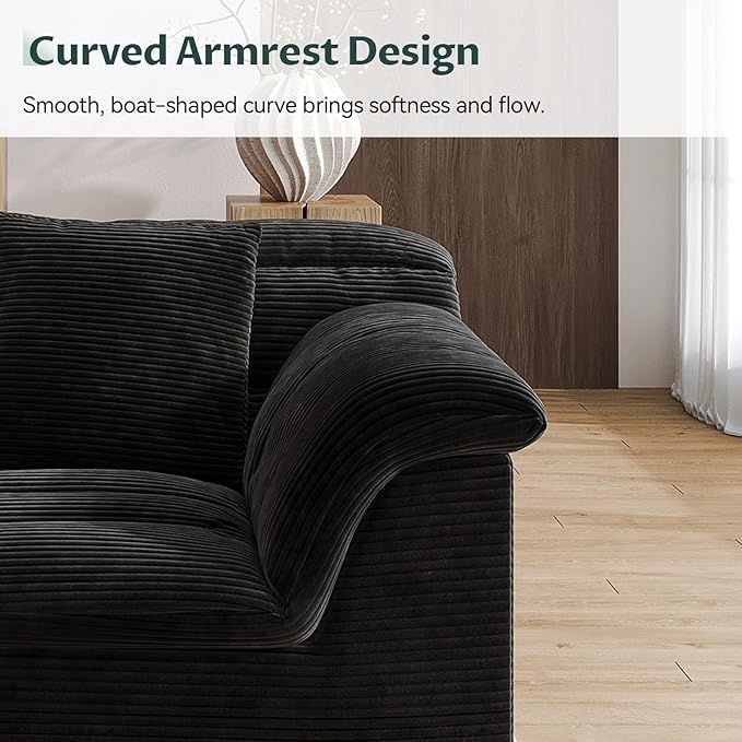 SUNG7 142" Modular Sofa with Ottoman, Boneless Cloud Couch with Deep Seat, Comfy U-Shape Corduroy Couches for Living Room, No Assembly Required, Black
