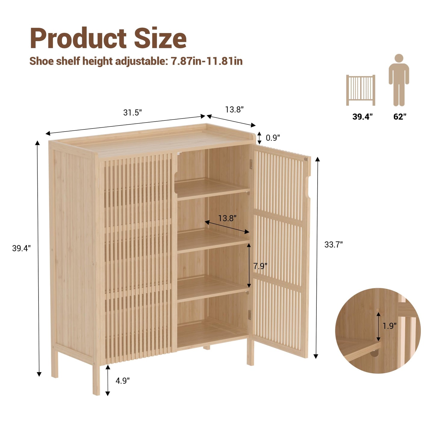 Bamboonova Shoe Cabinet, 20 Pair Farmhouse Shoe Organizer Cabinet, Freestanding Bamboo Wood Shoe Storage Cabinet with Grille Doors, 5-Tier Narrow Shoe Cabinet for Entryway Hallway, Natural