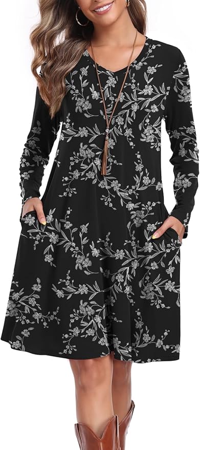 lionstill Women's Casual T Shirt Dresses Fall Long Sleeve Swing Dress with Pockets