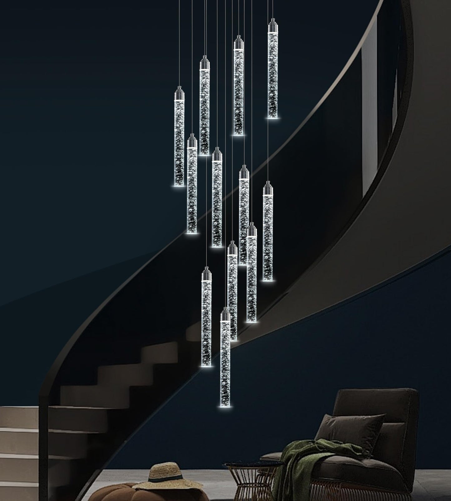 YwueChwu 12-Lights High Ceiling Crystal Staircase Chandelier Chrome, Modern Spiral Raindrop Dimmable LED Bubble Cluster Ceiling Hanging Lighting Fixture for Foyer Living Room Entrance Remote Control