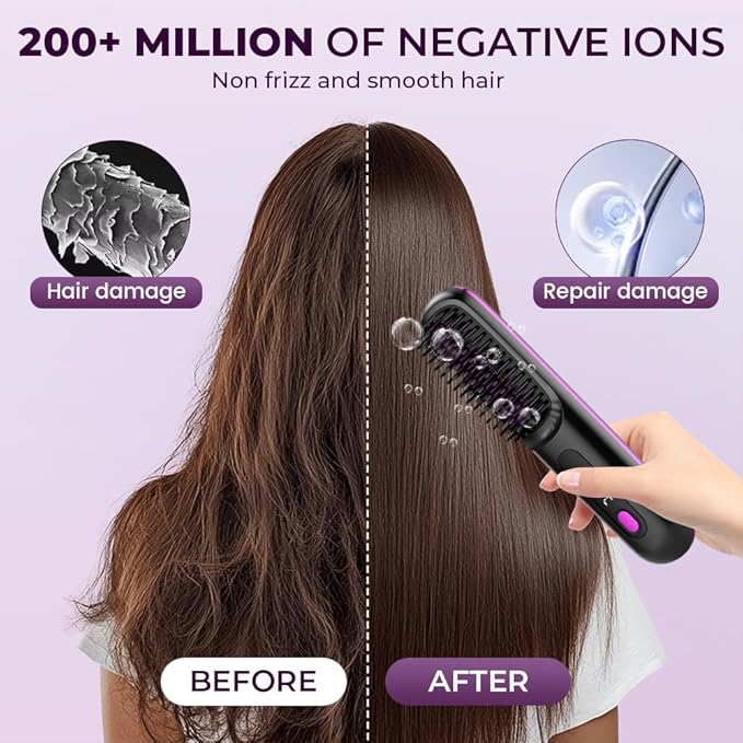 Go Brush Pro, 2026 Upgraded Cordless Hair Straightener Brush, Fast Heating Portable Hair Straightener Comb for Women Travel Essentials 3 Adjustable Temperature (Purple)