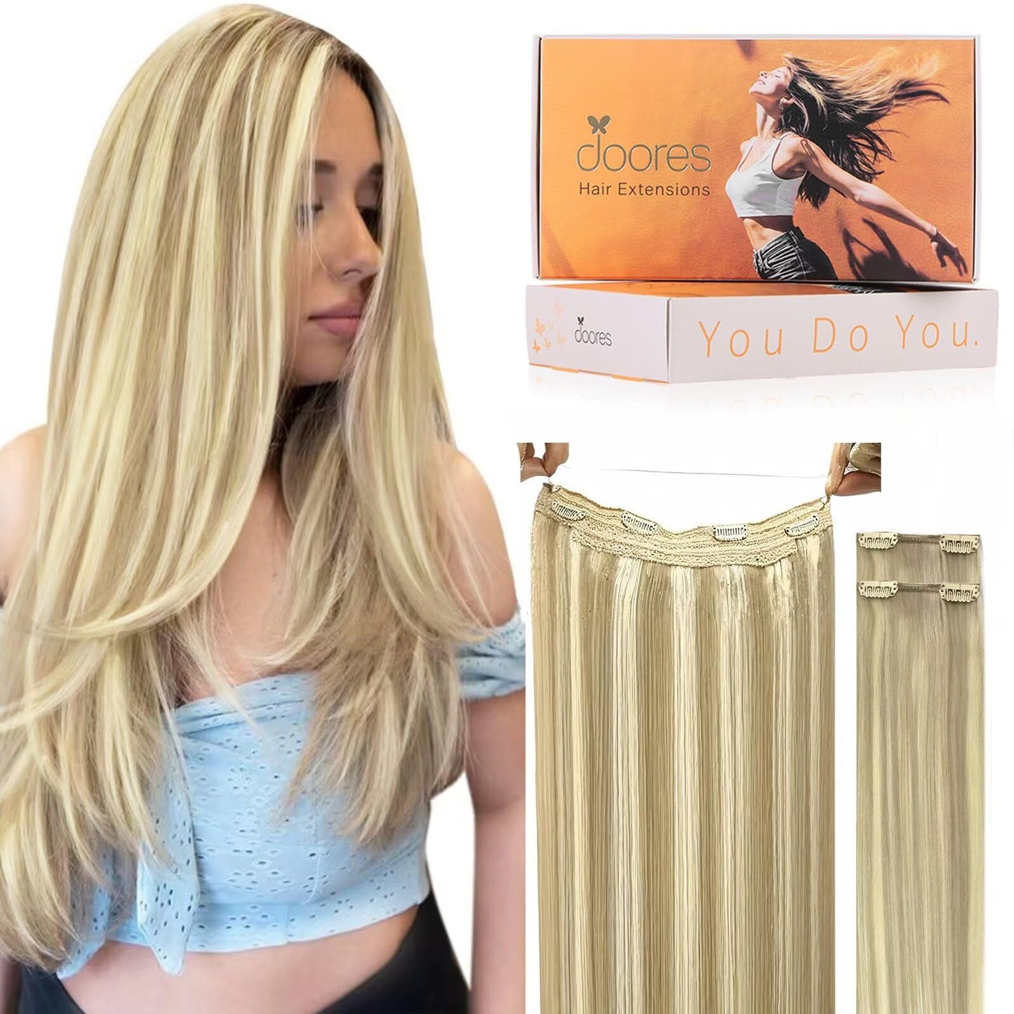 DOORES Wire Hair Extensions, 18 Inch 95g Fish Line Weft Extensions and 2pcs 30g Clip ins Light Blonde Highlighted Golden Blonde,