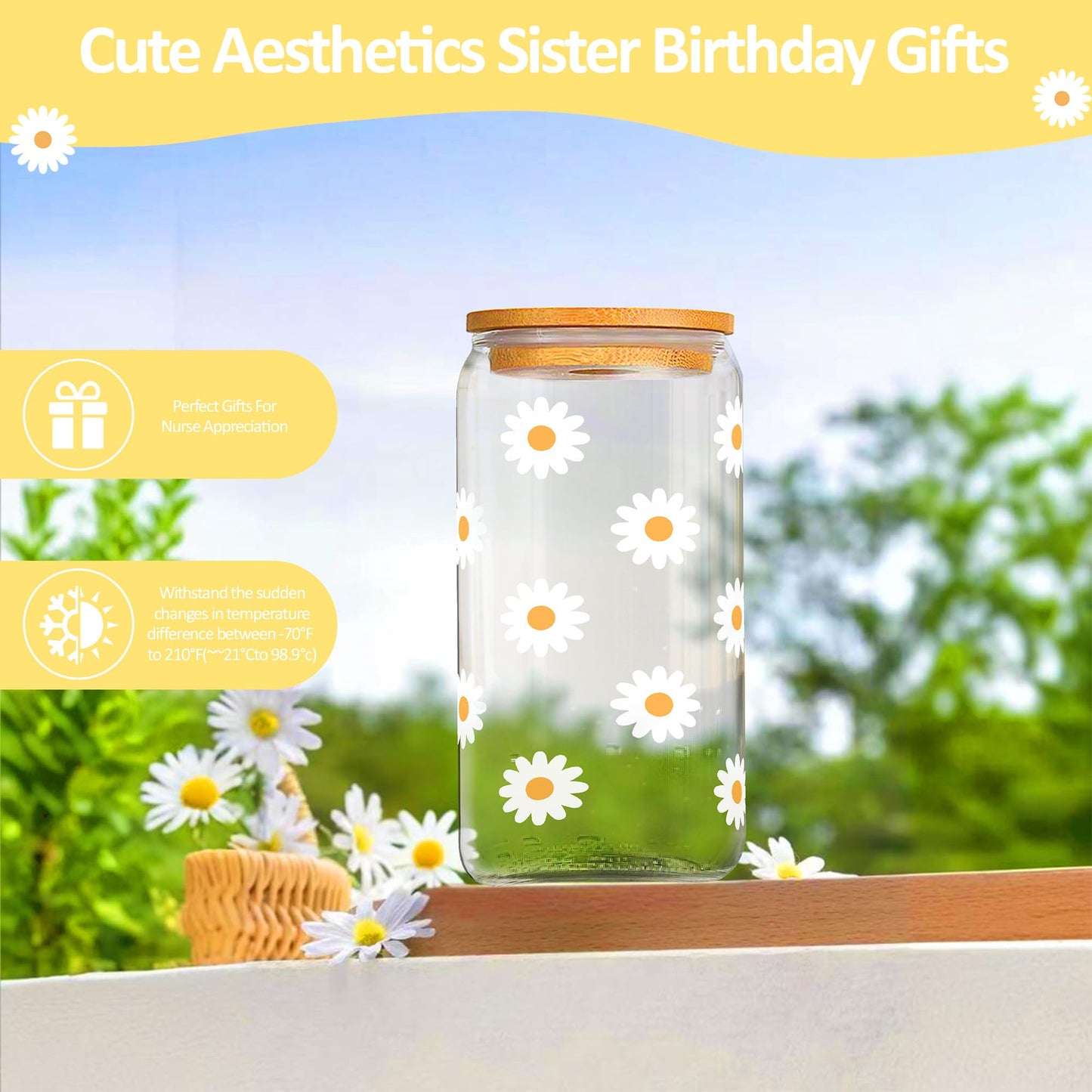 Sister Birthday Gifts, Sisters Gifts from Sister, Unique Gift for Sisters Christmas Gift Set Stocking Stuffer with 16oz Glass Cup -Brighten up Her Day!
