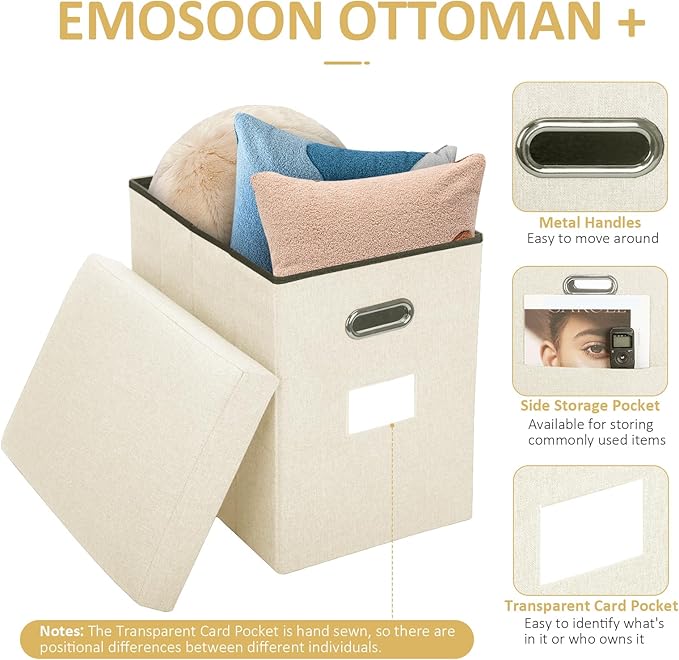 Emosoon Tall Ottoman with Storage Collapsible Fabric Small Slim Folding Ottoman Furniture with Handles Lid for Room Footrest Foot Stool Linen Beige 16.5x16.5x11.8in