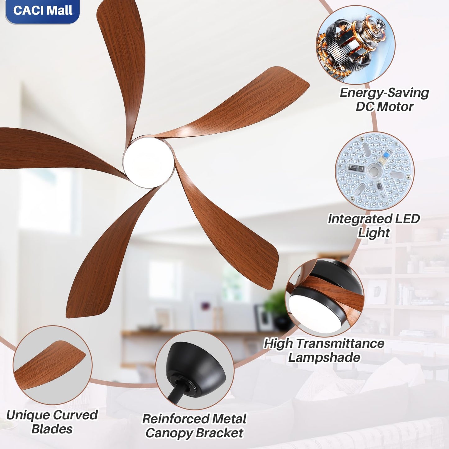 CACI Mall 52 Inch Ceiling Fans with Lights and Remote, modern, Outdoor ceiling fan with 6-Speed, 5 Blades, 2 Downrods, 3 CCT, Timer, Quiet Reversible DC Motor for Living Room, Bedroom, Patios
