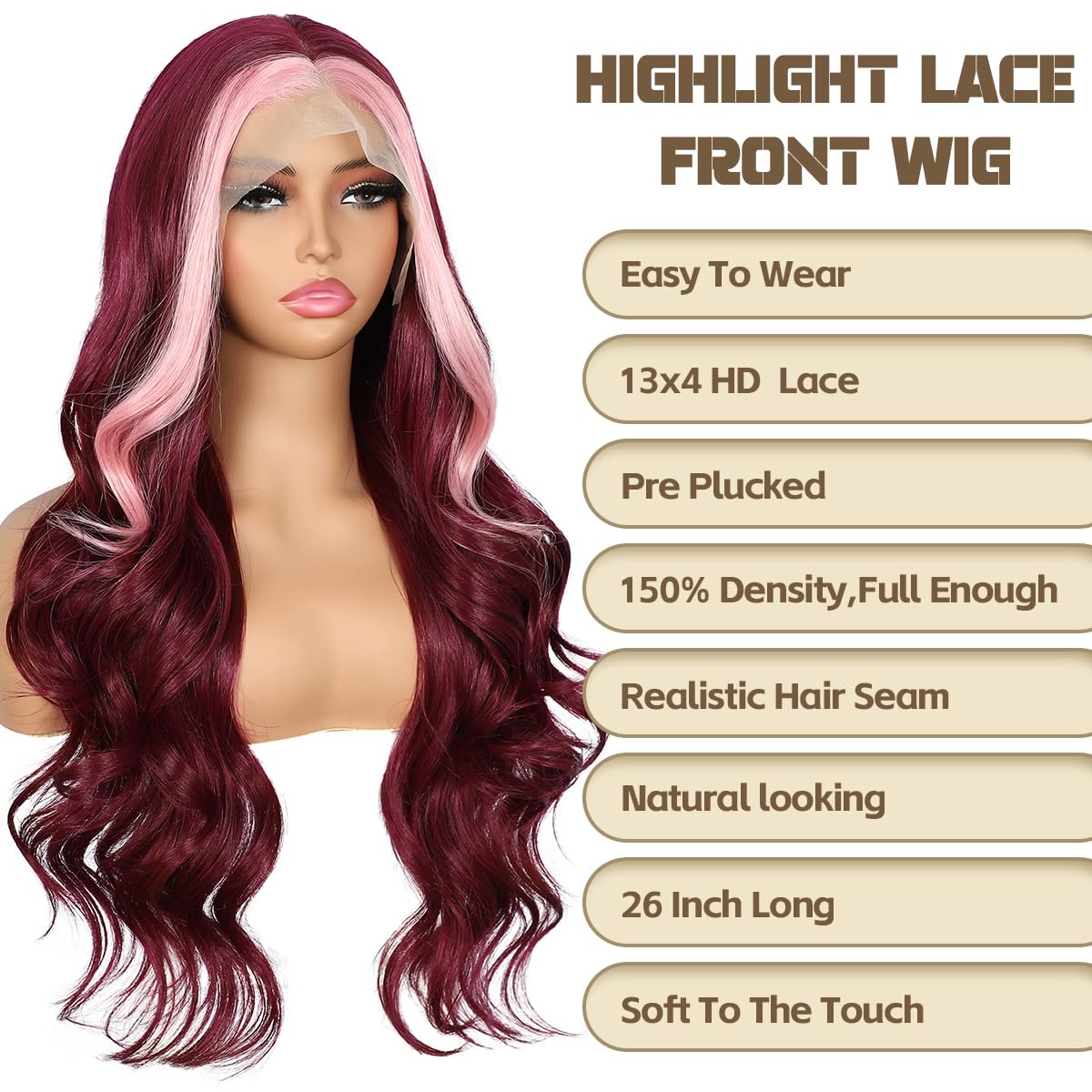 BABEHERS Burgundy Lace Front Wig for Women Skunk Stripe 13x4 Body Wave Synthetic Wigs Highlight Pre-plucked Long Wavy 150% Densi