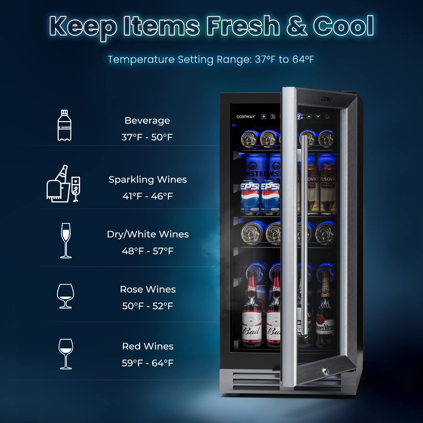 COSTWAY 15 Inch Beverage Cooler Refrigerator - 3.5 Cu.ft Mini Fridge with Glass Door, Lock and Removable Shelves for Soda Beer Wine, Freestanding Small Drink Refrigerator for Home Office Bar