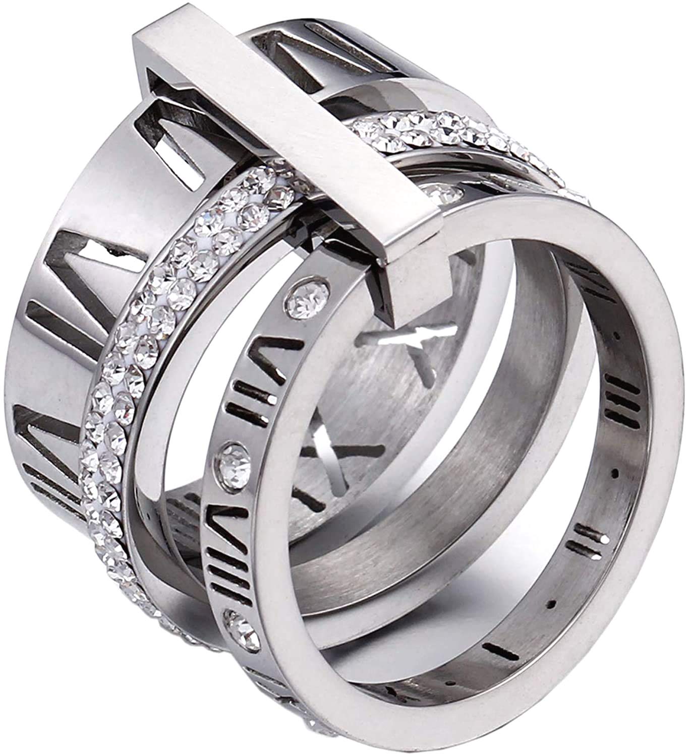 Jarlinwel Stainless Steel CZ Zirconia Roman Numeral Ring For Women Stacking Thumb 3 in 1 Spinner Rings (Silver, 7 Runs small)