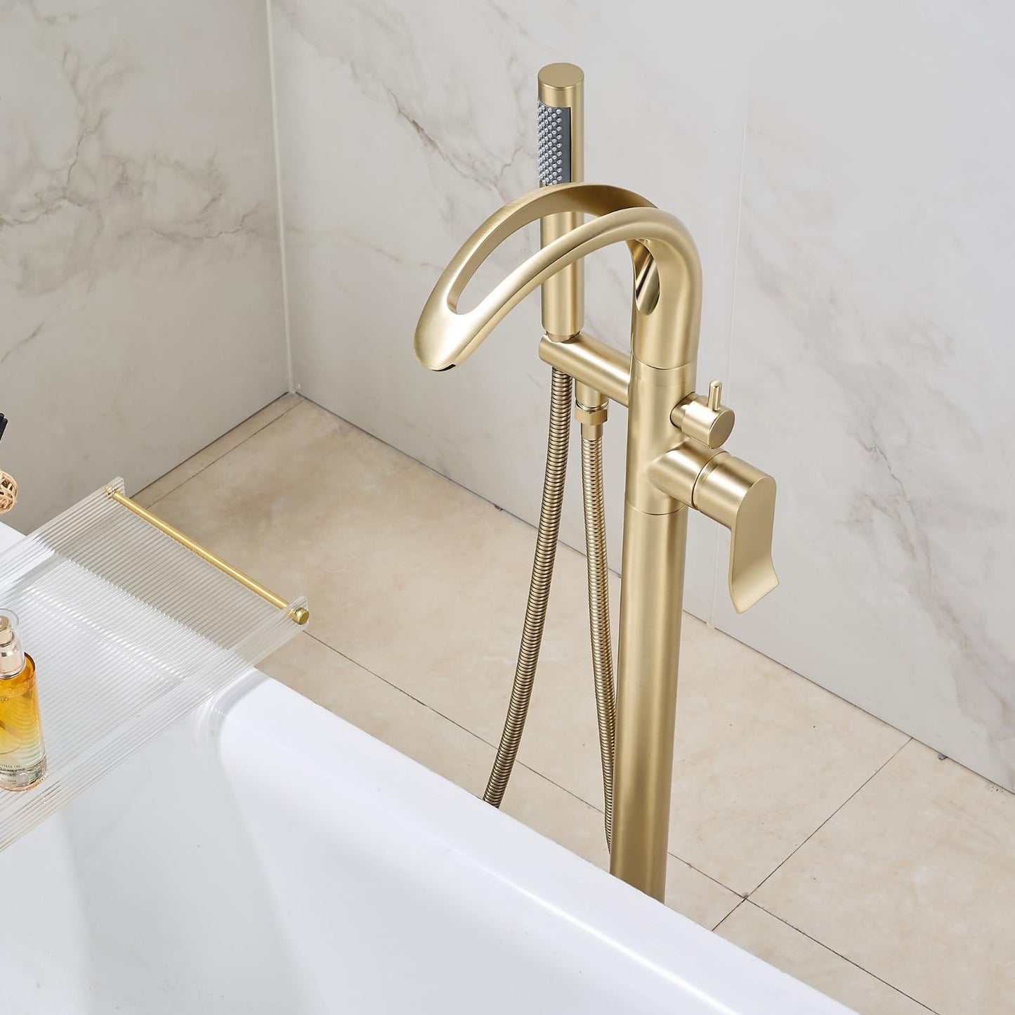 GOODBEING Freestanding Bathtub Faucet Stand Alone High Flow Brass Brush Gold Tub Filler, Free Standing Unique Bath Tub Faucet with Sprayer, Tub Shower Faucet Set (BG-Waterfall)