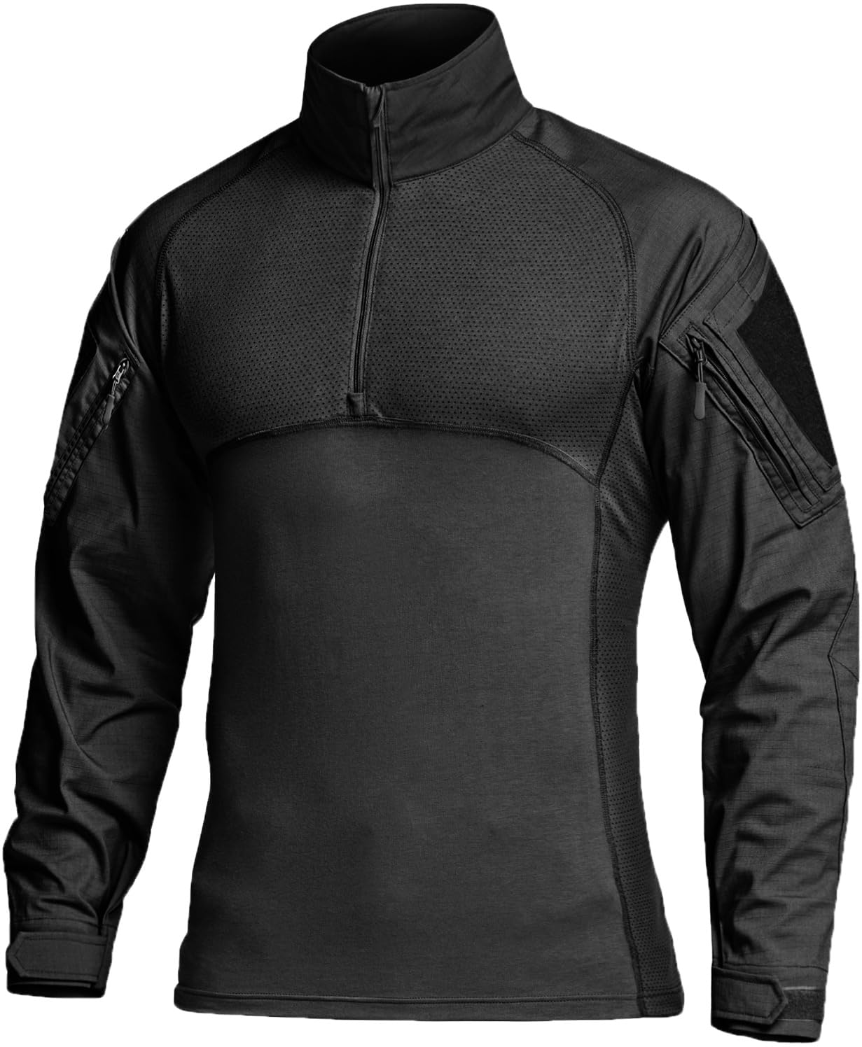 CQR Men's Combat Shirt Tactical 1/4 Zip Long Sleeve Military BDU Shirts Camo EDC Top with Pockets, Raider Black, X-Small