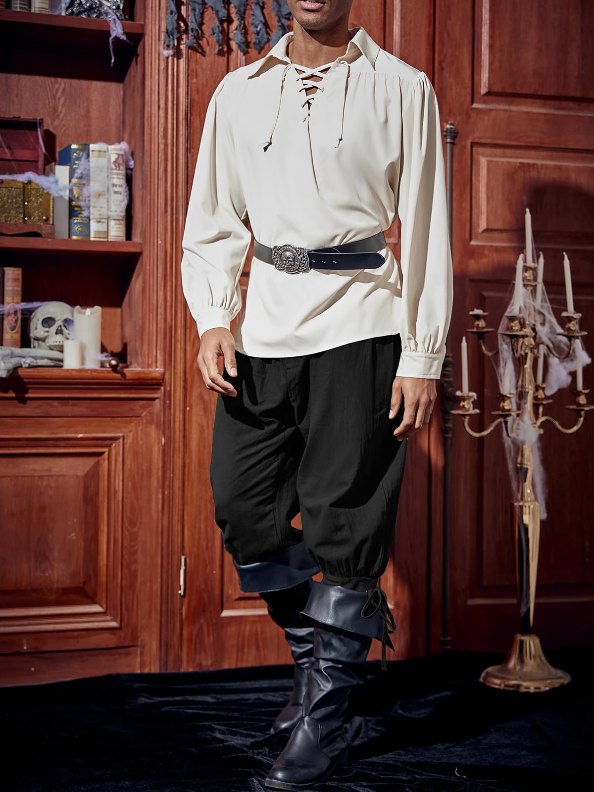 Runcati Mens Medieval Ankle Pants Renaissance Viking Pirate Lace Up Tapered Halloween Linen Costume Trousers Black