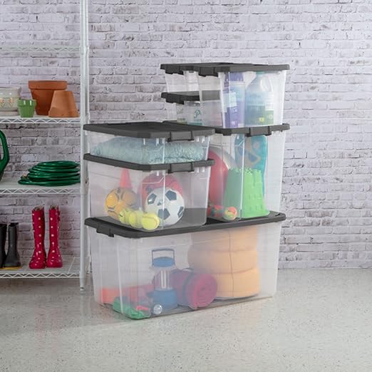 Sterilite 6-Pack Modular Stacker Box, Durable Clear Plastic Storage Bins with Latching Lids, 40 Quart - Stackable Organizing Container Boxes for Closet, Bathroom, and Office