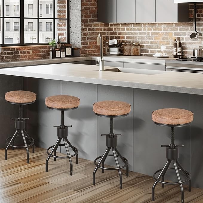 BOKKOLIK Set of 2-Vintage Bar Stool Swivel PU Leather Seat Kitchen Island Workbench Chair Height Adjustable 23-31 inch